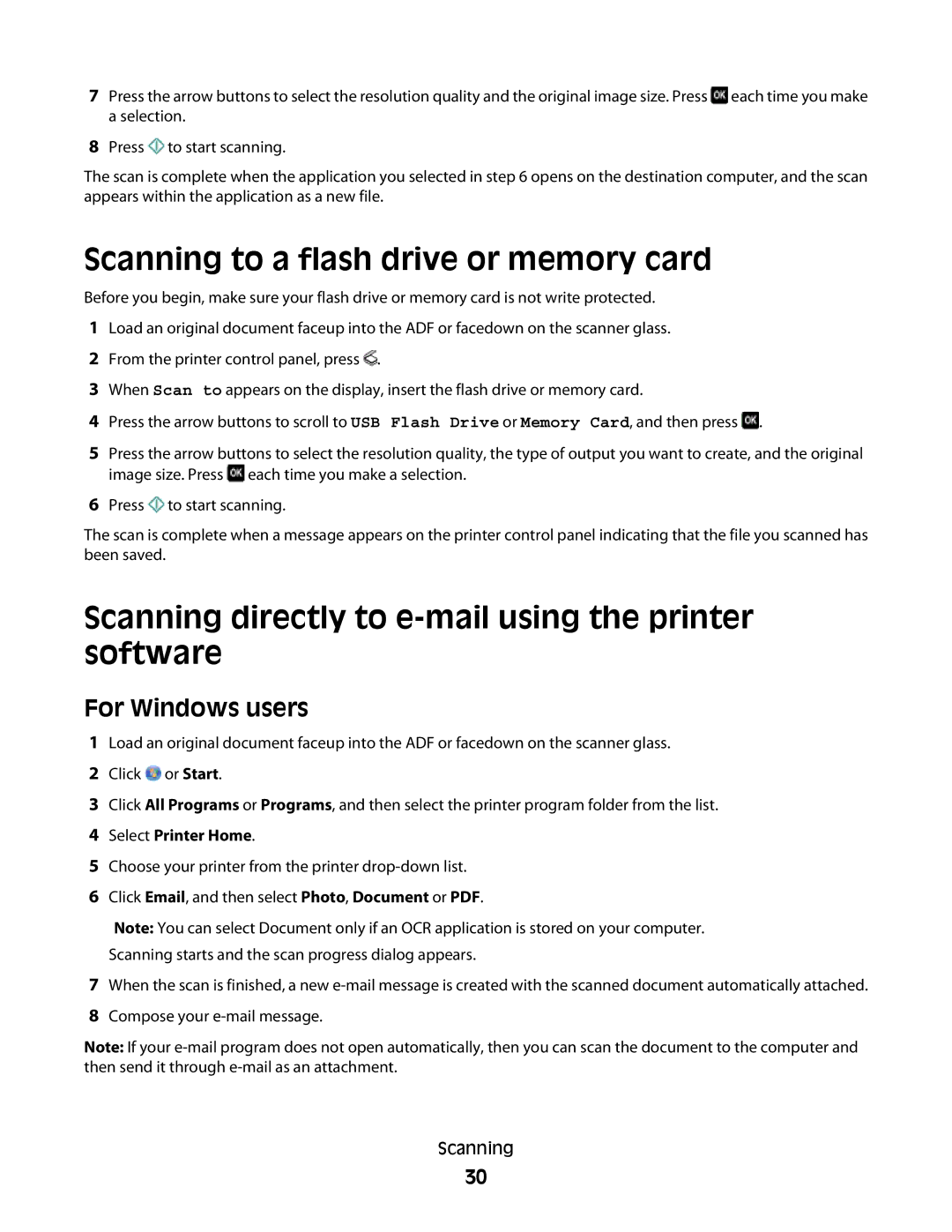 Lexmark S400 manual Scanning to a flash drive or memory card, Scanning directly to e-mail using the printer software 