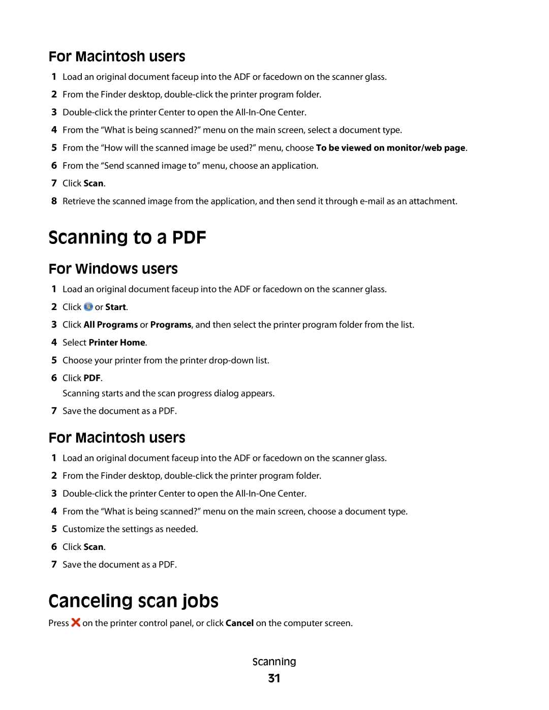 Lexmark S400 manual Canceling scan jobs, For Macintosh users 