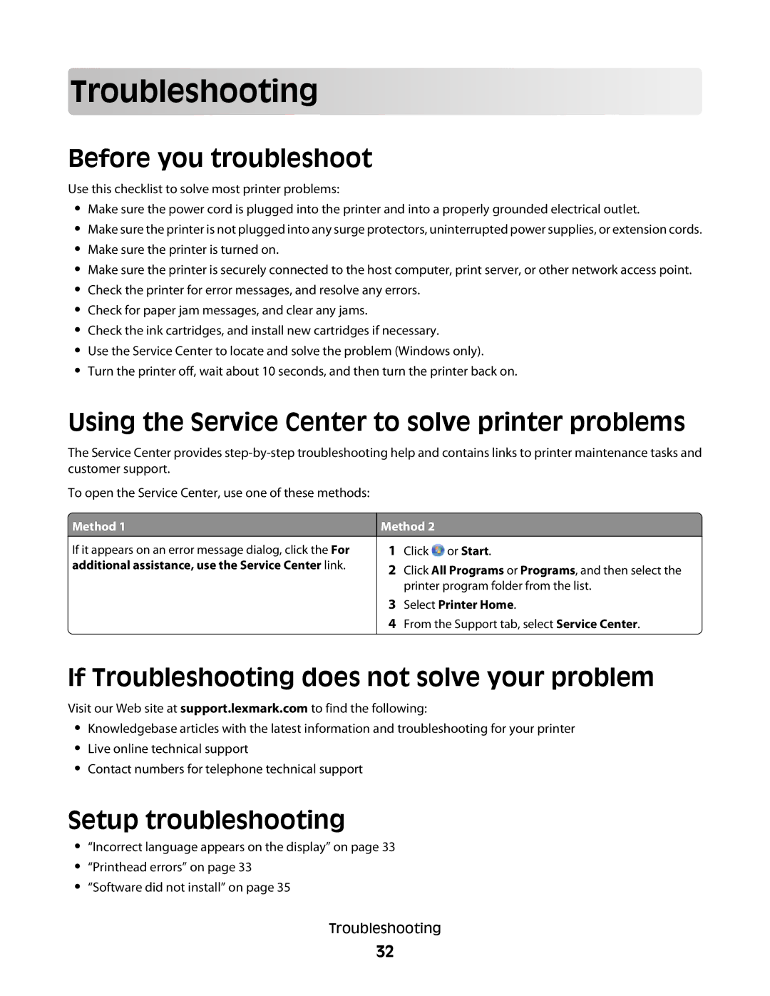 Lexmark S400 manual Troublesho oting, Before you troubleshoot, Using the Service Center to solve printer problems 