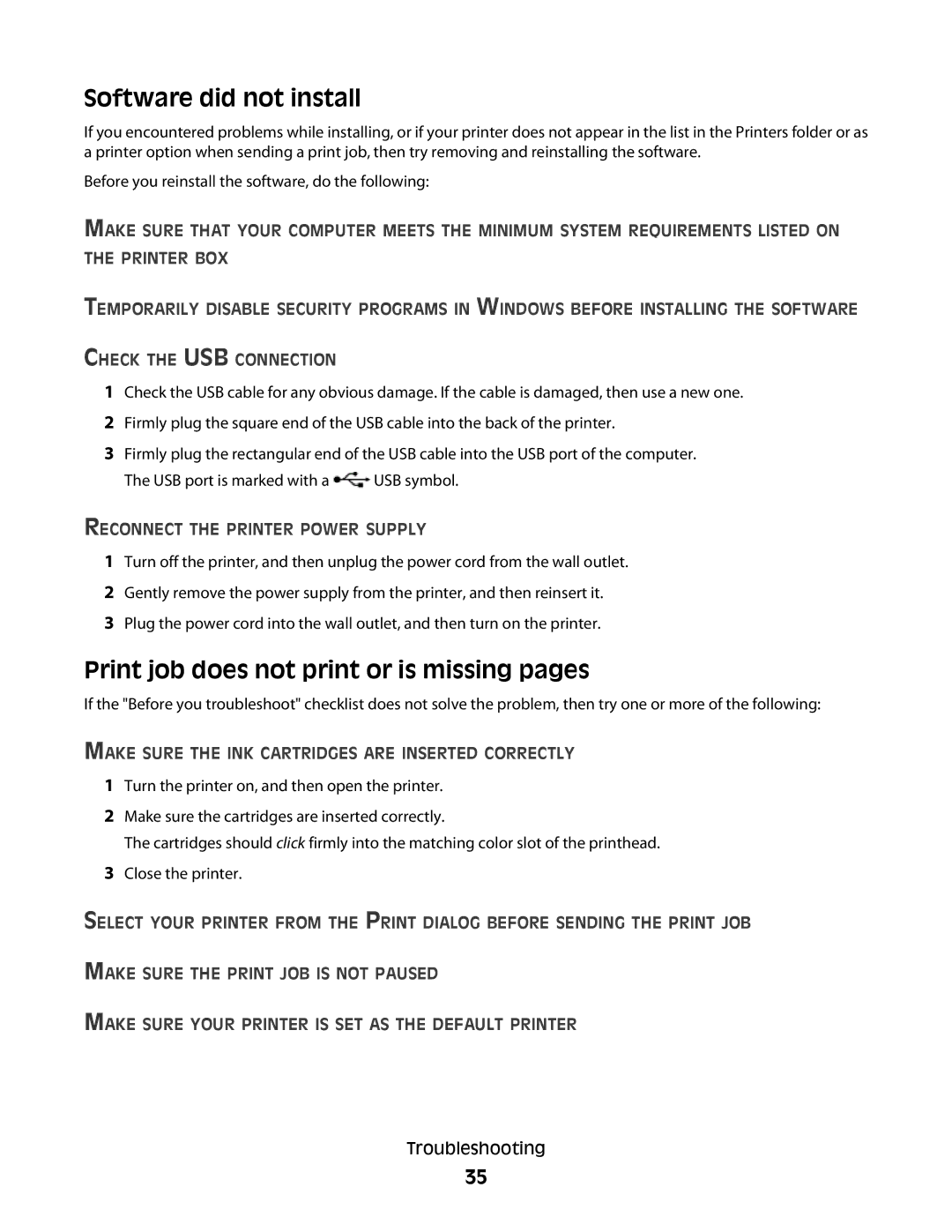 Lexmark S400 manual Software did not install, Print job does not print or is missing pages 