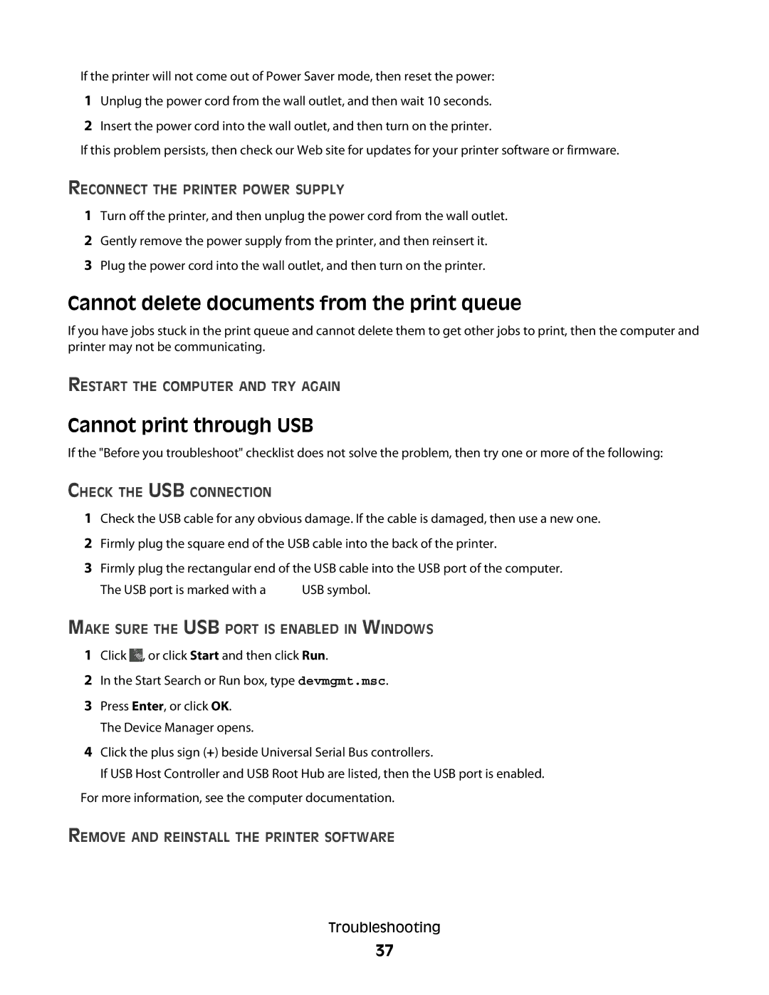 Lexmark S400 manual Cannot delete documents from the print queue, Cannot print through USB 