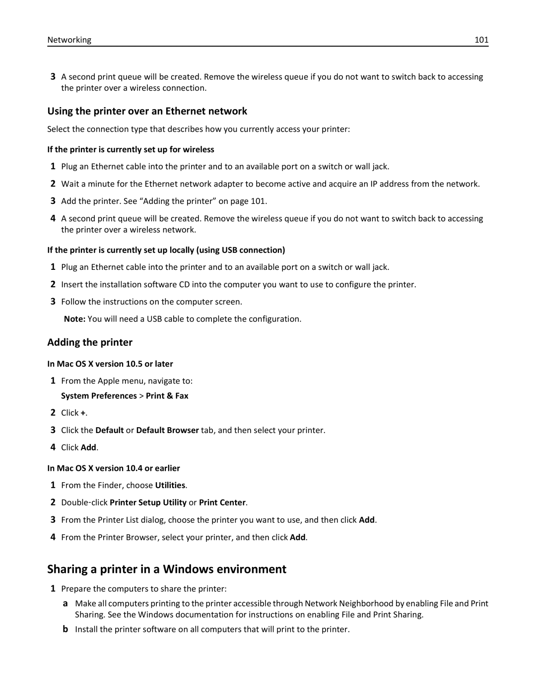 Lexmark 40E, S410 manual Sharing a printer in a Windows environment, Adding the printer, Mac OS X version 10.5 or later 