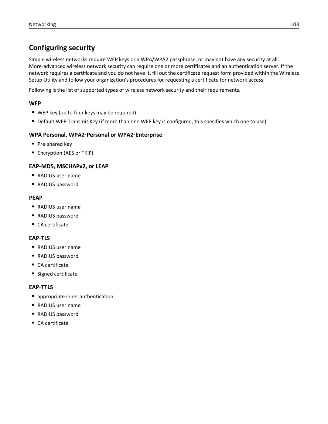 Lexmark 40E, S410 manual Configuring security, WPA Personal, WPA2‑Personal or WPA2‑Enterprise, EAP‑MD5, MSCHAPv2, or Leap 