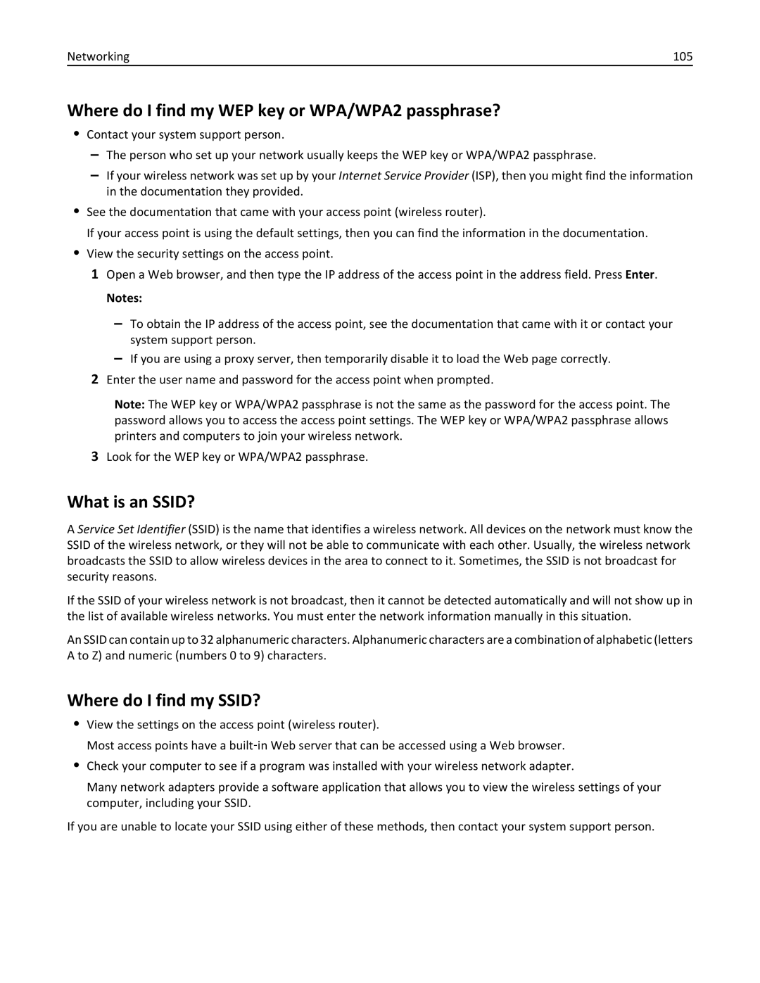 Lexmark 40E, S410 manual Where do I find my WEP key or WPA/WPA2 passphrase?, What is an SSID?, Where do I find my SSID? 