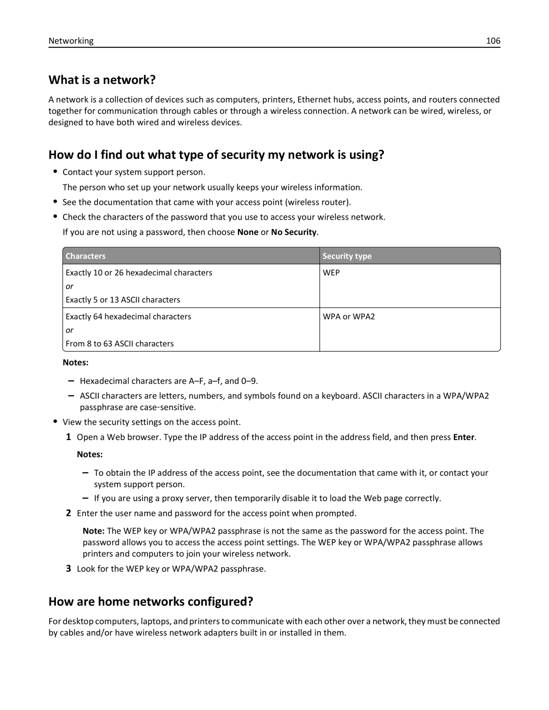 Lexmark S410, 40E manual What is a network?, How are home networks configured?, Characters Security type 