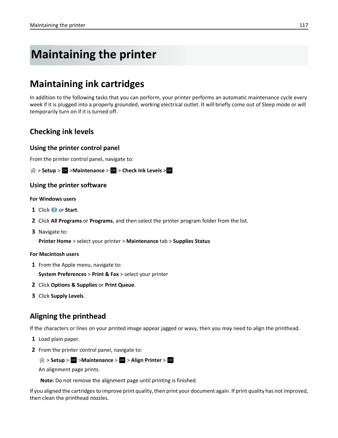 Lexmark 40E, S410 manual Maintaining the printer, Maintaining ink cartridges, Checking ink levels, Aligning the printhead 