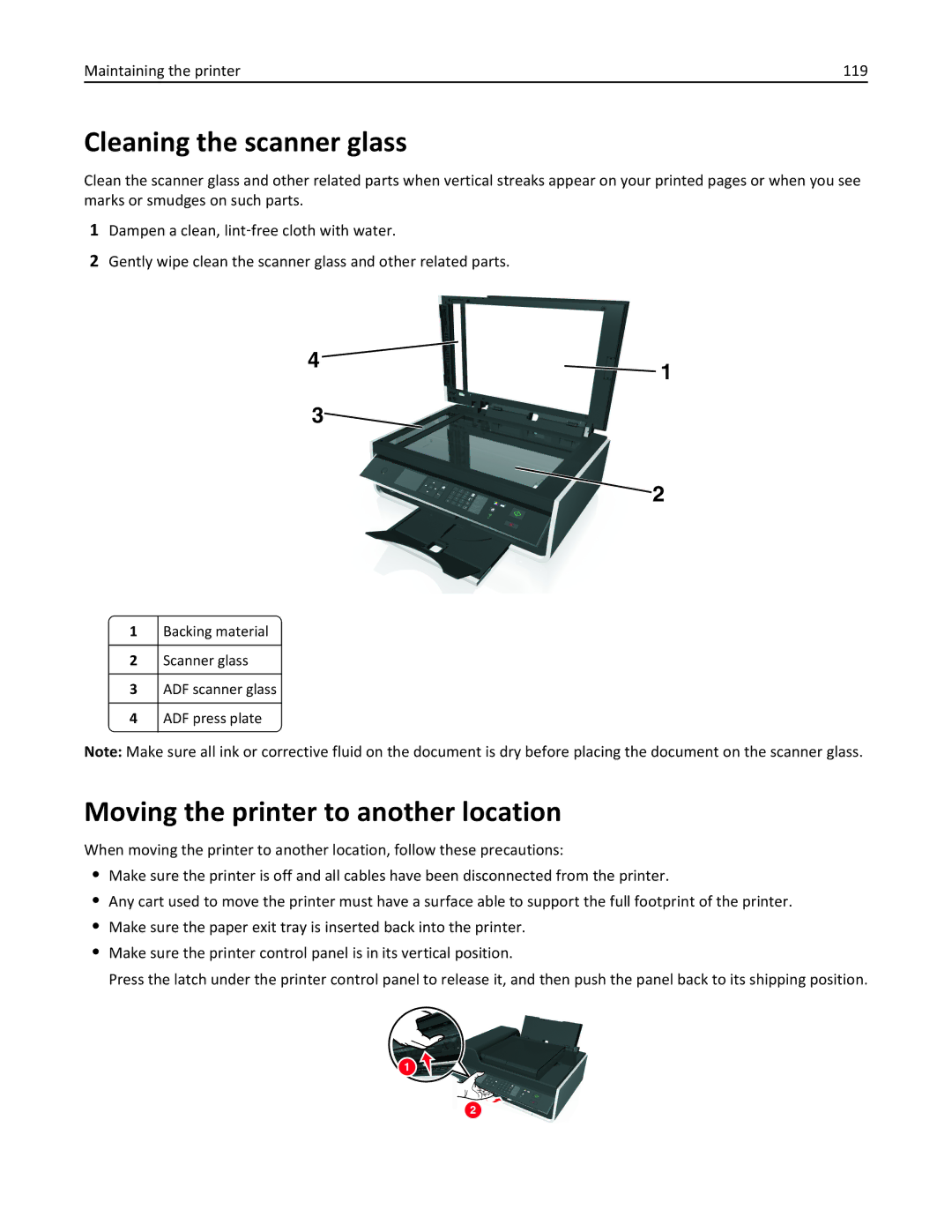 Lexmark 40E, S410 manual Cleaning the scanner glass, Moving the printer to another location 