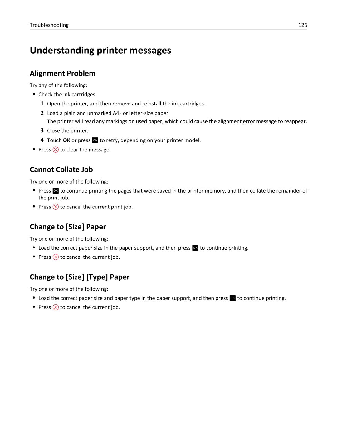 Lexmark S410, 40E manual Understanding printer messages, Alignment Problem, Cannot Collate Job, Change to Size Paper 