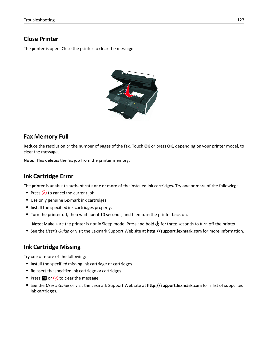 Lexmark 40E, S410 manual Close Printer, Fax Memory Full, Ink Cartridge Error, Ink Cartridge Missing 