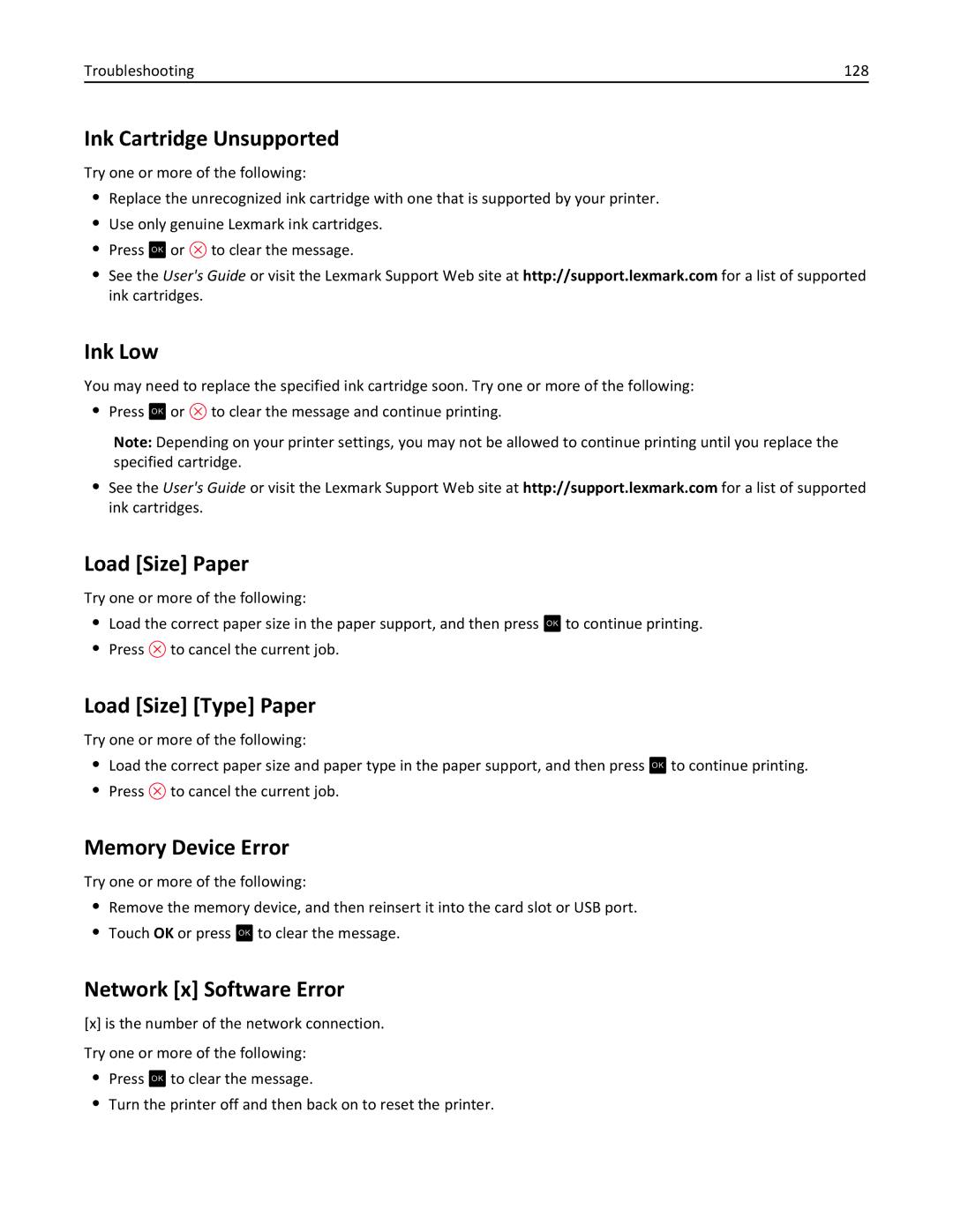 Lexmark S410, 40E manual Ink Cartridge Unsupported, Ink Low, Load Size Paper, Load Size Type Paper, Memory Device Error 