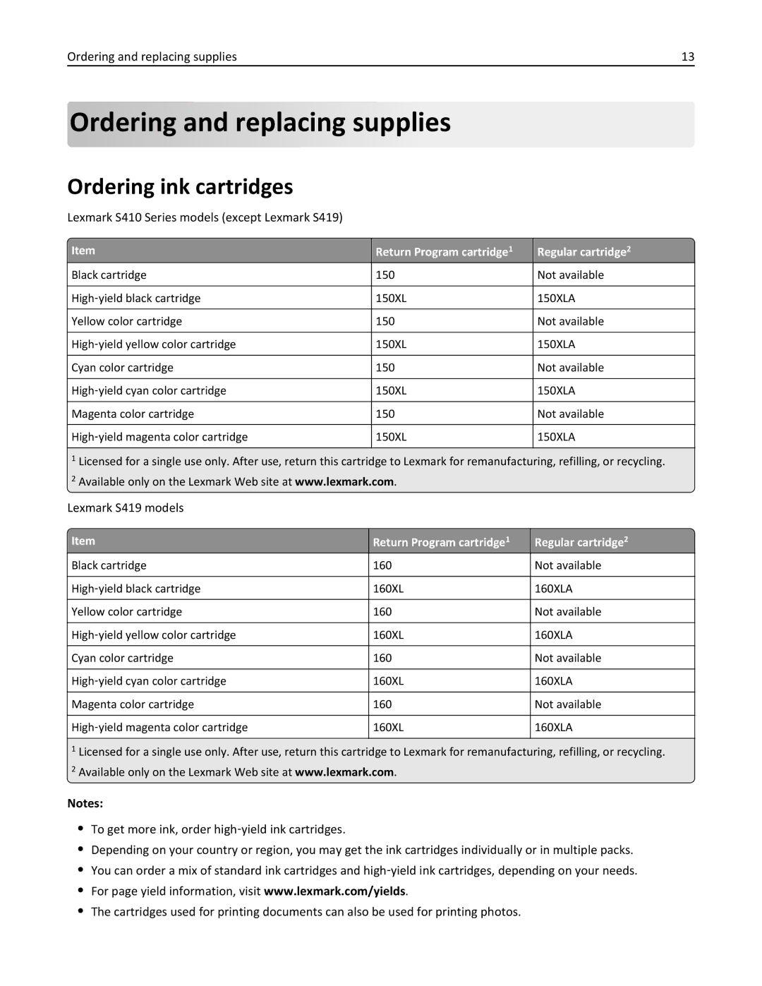 Lexmark 40E, S410 Ordering and replacing supplies, Ordering ink cartridges, Return Program cartridge Regular cartridge 