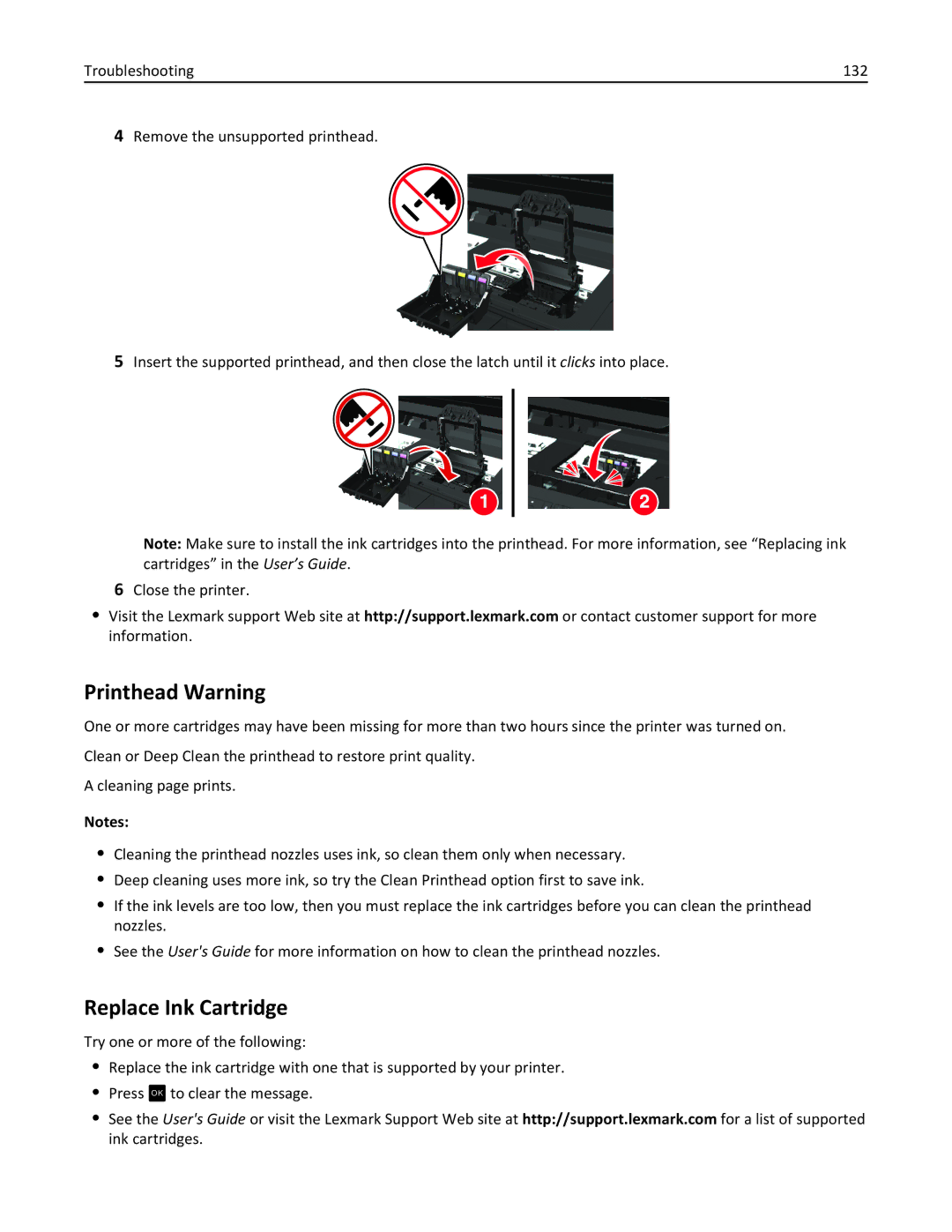 Lexmark S410, 40E manual Printhead Warning, Replace Ink Cartridge 