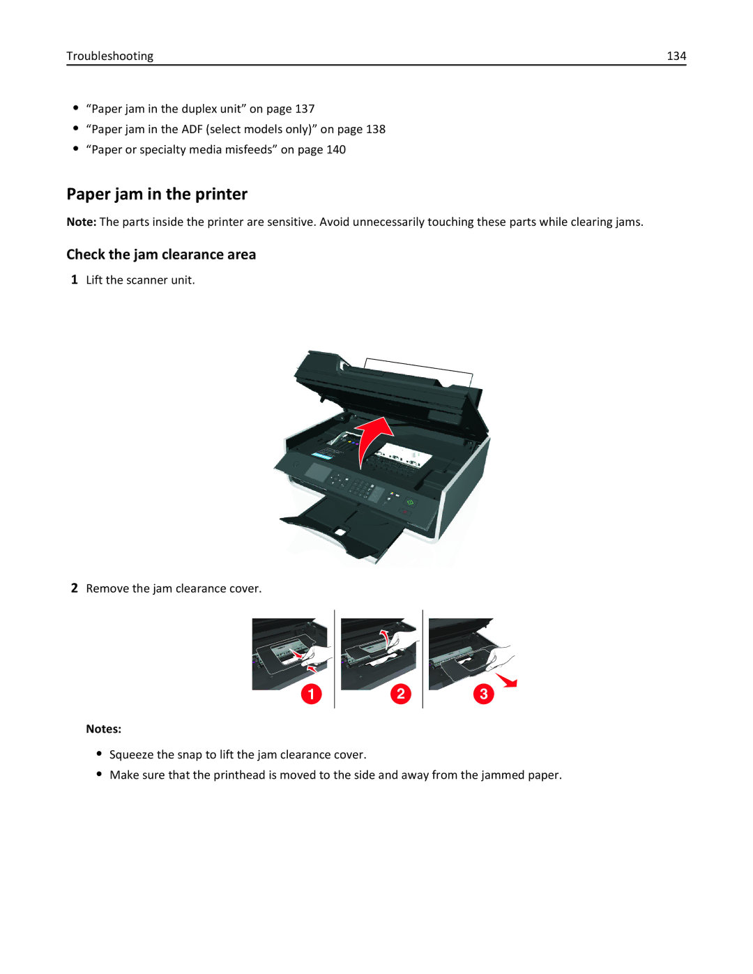 Lexmark S410, 40E manual Paper jam in the printer, Check the jam clearance area 