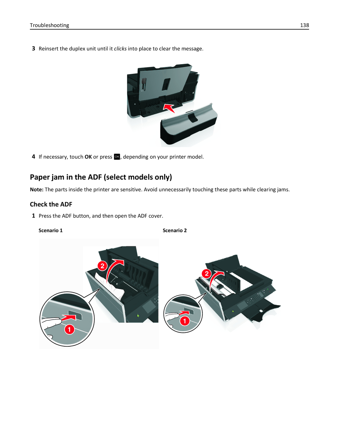 Lexmark S410, 40E manual Paper jam in the ADF select models only, Check the ADF, Scenario 