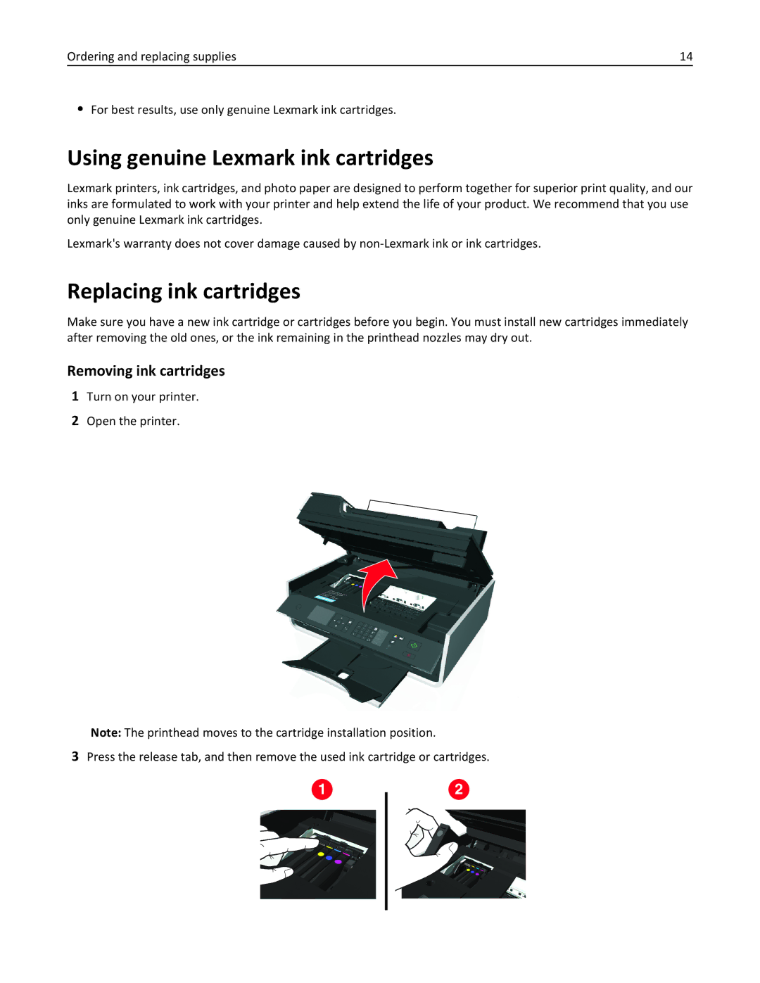 Lexmark S410, 40E manual Using genuine Lexmark ink cartridges, Replacing ink cartridges, Removing ink cartridges 