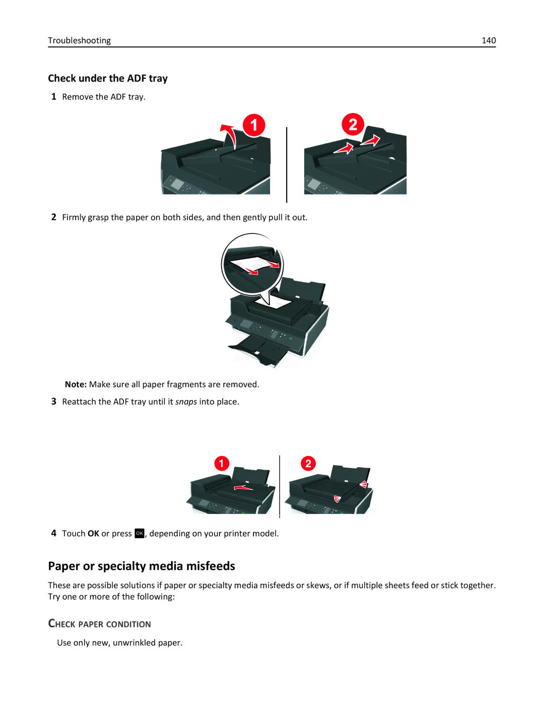 Lexmark S410, 40E manual Paper or specialty media misfeeds, Check under the ADF tray, Check Paper Condition 