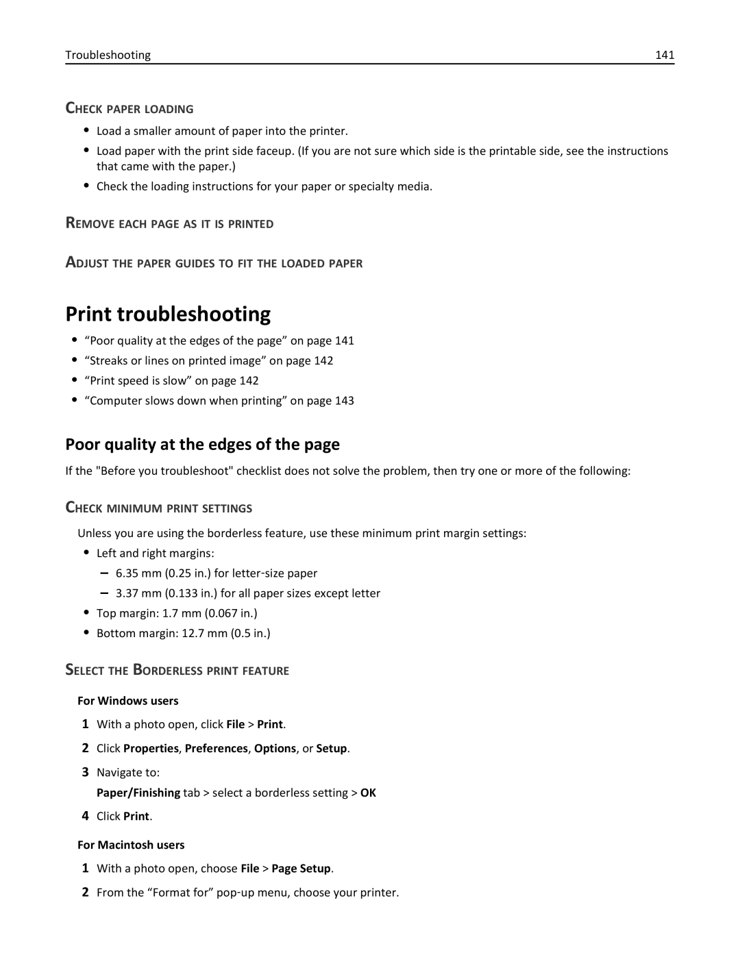 Lexmark 40E, S410 manual Print troubleshooting, Poor quality at the edges, Check Paper Loading, Check Minimum Print Settings 