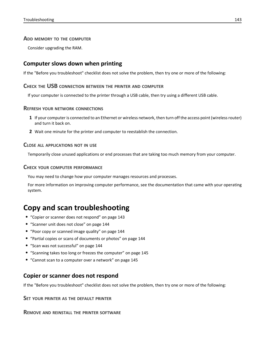 Lexmark 40E, S410 Copy and scan troubleshooting, Computer slows down when printing, Copier or scanner does not respond 