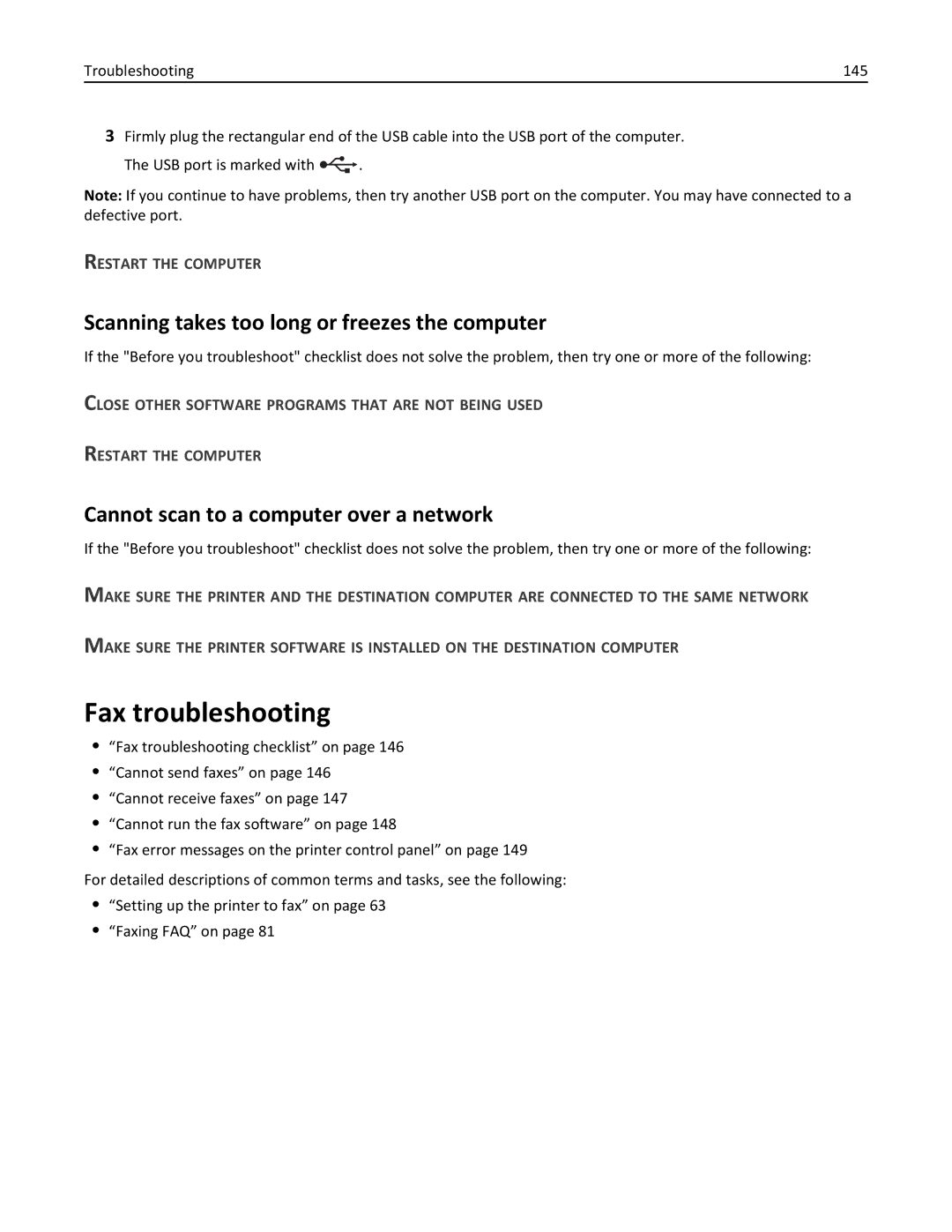 Lexmark 40E Fax troubleshooting, Scanning takes too long or freezes the computer, Cannot scan to a computer over a network 