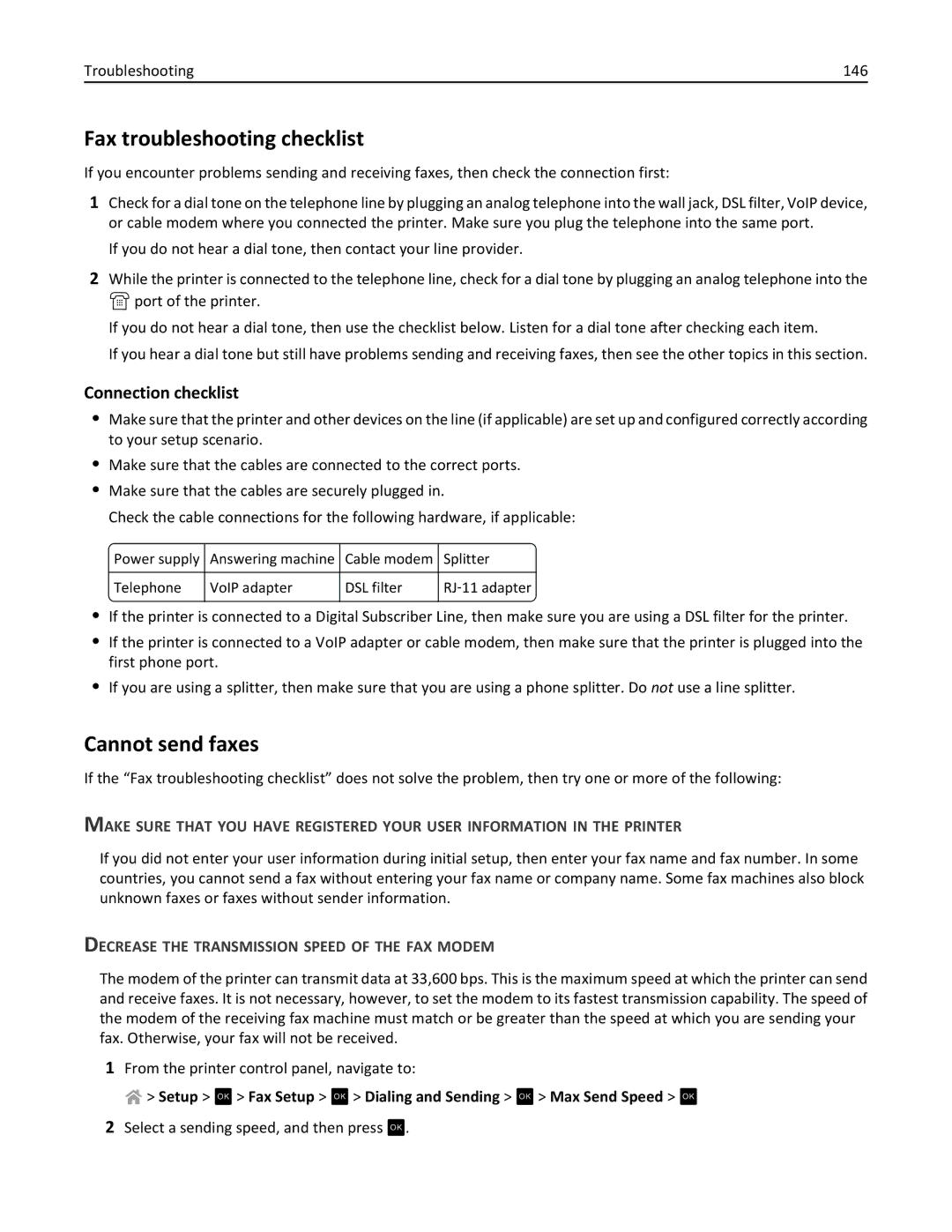 Lexmark S410, 40E manual Fax troubleshooting checklist, Cannot send faxes, Connection checklist 