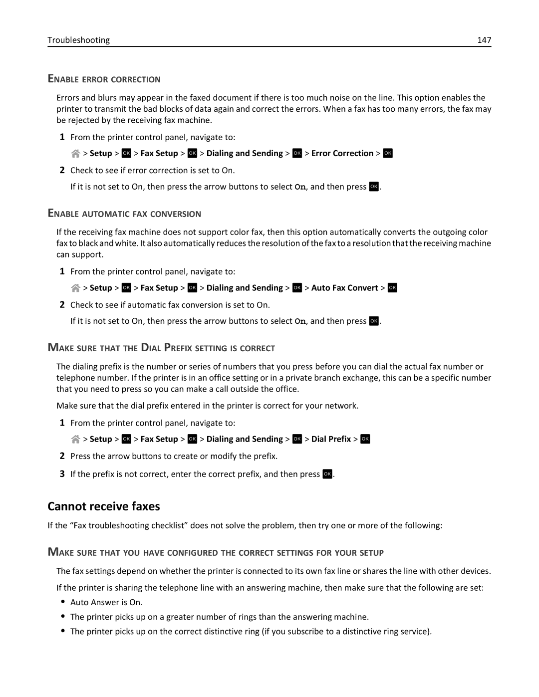 Lexmark 40E, S410 manual Cannot receive faxes, Enable Error Correction, Enable Automatic FAX Conversion 