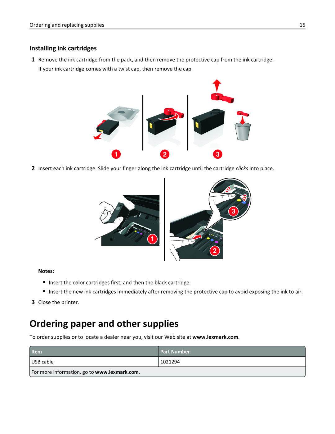 Lexmark 40E, S410 manual Ordering paper and other supplies, Installing ink cartridges, Part Number 