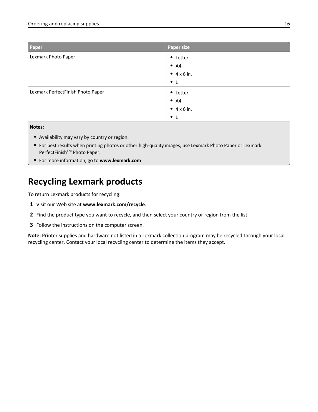 Lexmark S410, 40E manual Recycling Lexmark products, Paper Paper size 