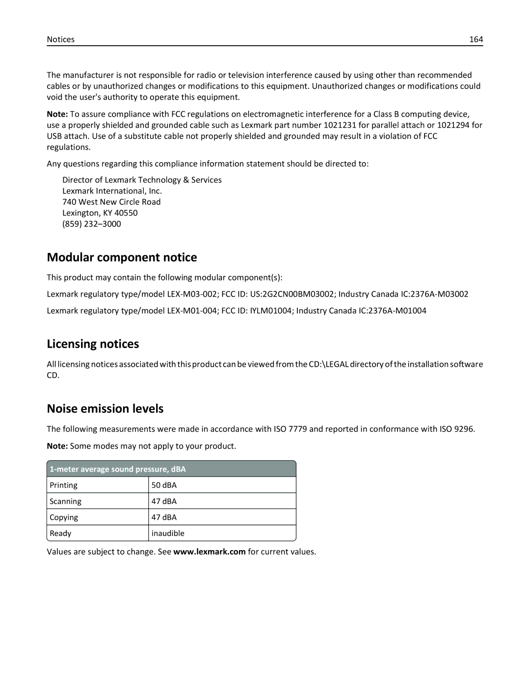 Lexmark S410, 40E Modular component notice, Licensing notices, Noise emission levels, Meter average sound pressure, dBA 