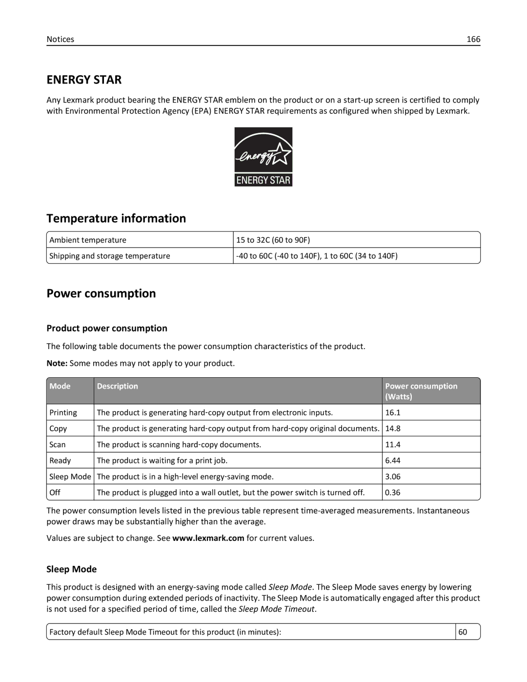 Lexmark S410, 40E manual Temperature information, Power consumption, Product power consumption, Sleep Mode 