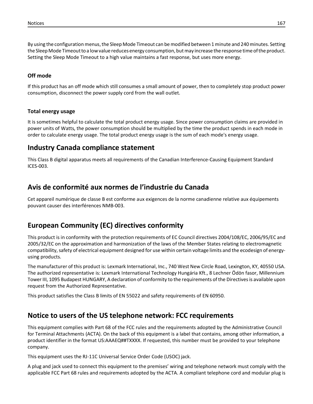 Lexmark 40E, S410 Industry Canada compliance statement, Avis de conformité aux normes de l’industrie du Canada, Off mode 