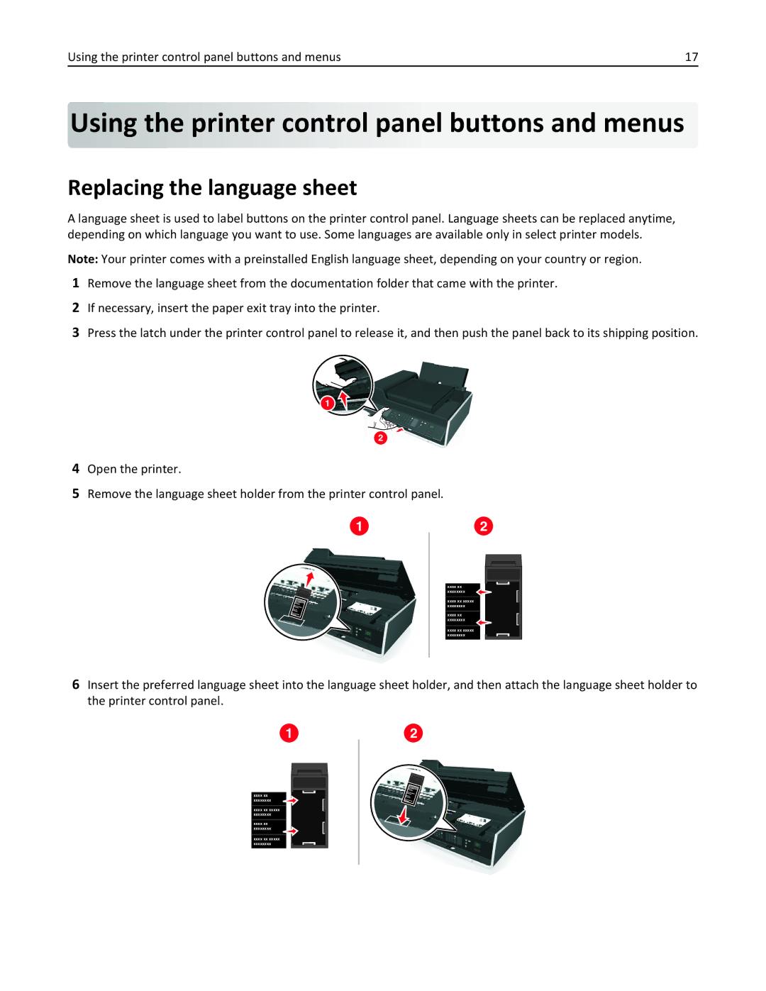 Lexmark 40E, S410 manual Using the printer control panel buttons and menus, Replacing the language sheet 