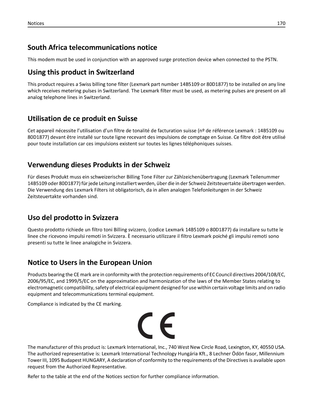 Lexmark S410, 40E South Africa telecommunications notice, Using this product in Switzerland, Uso del prodotto in Svizzera 