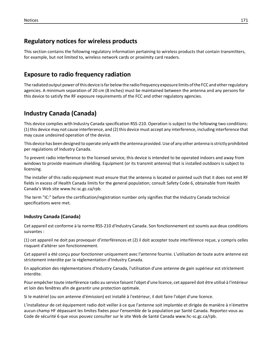 Lexmark 40E, S410 Regulatory notices for wireless products, Exposure to radio frequency radiation, Industry Canada Canada 