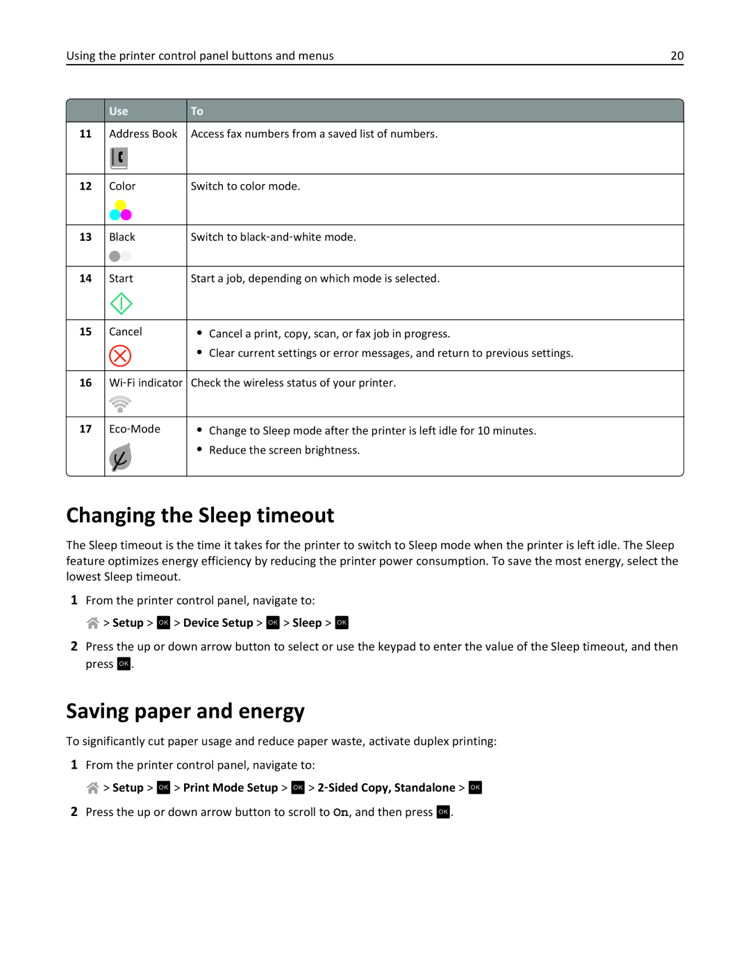 Lexmark S410, 40E manual Changing the Sleep timeout, Saving paper and energy, Setup OK Device Setup OK Sleep OK 