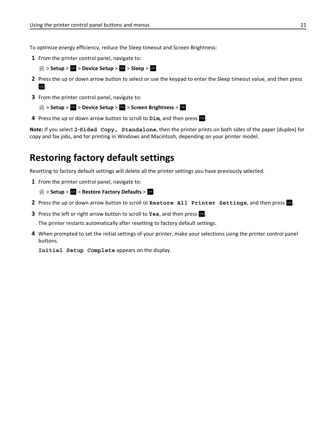 Lexmark 40E, S410 manual Restoring factory default settings, Setup OK Device Setup OK Screen Brightness OK 