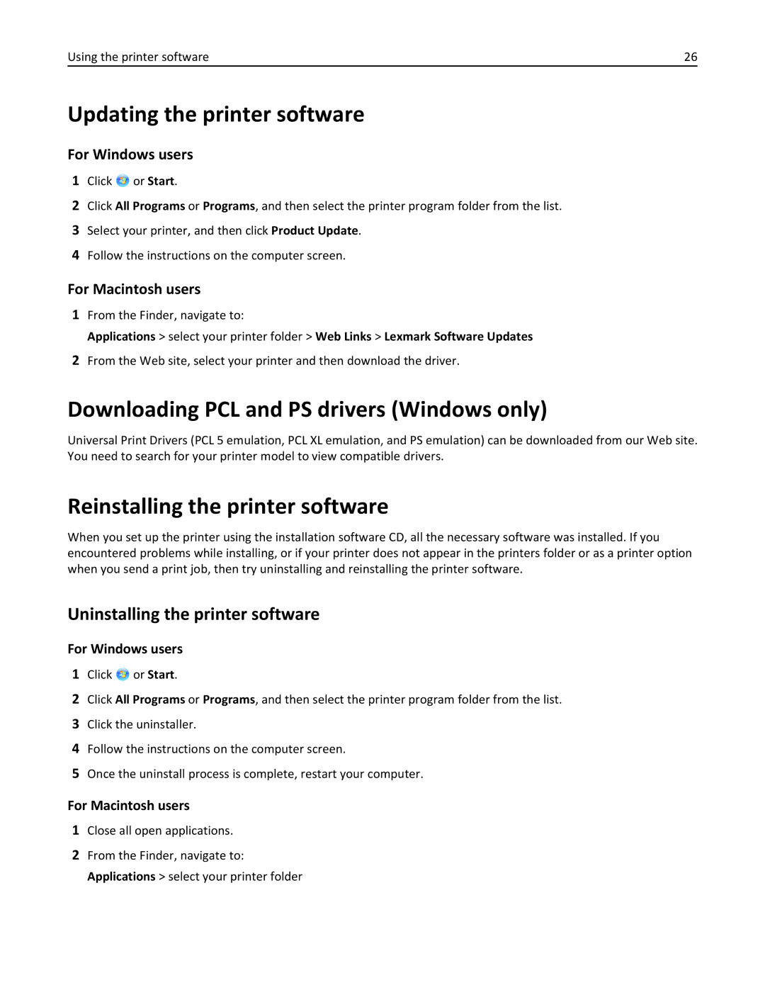 Lexmark S410 Updating the printer software, Downloading PCL and PS drivers Windows only, Reinstalling the printer software 