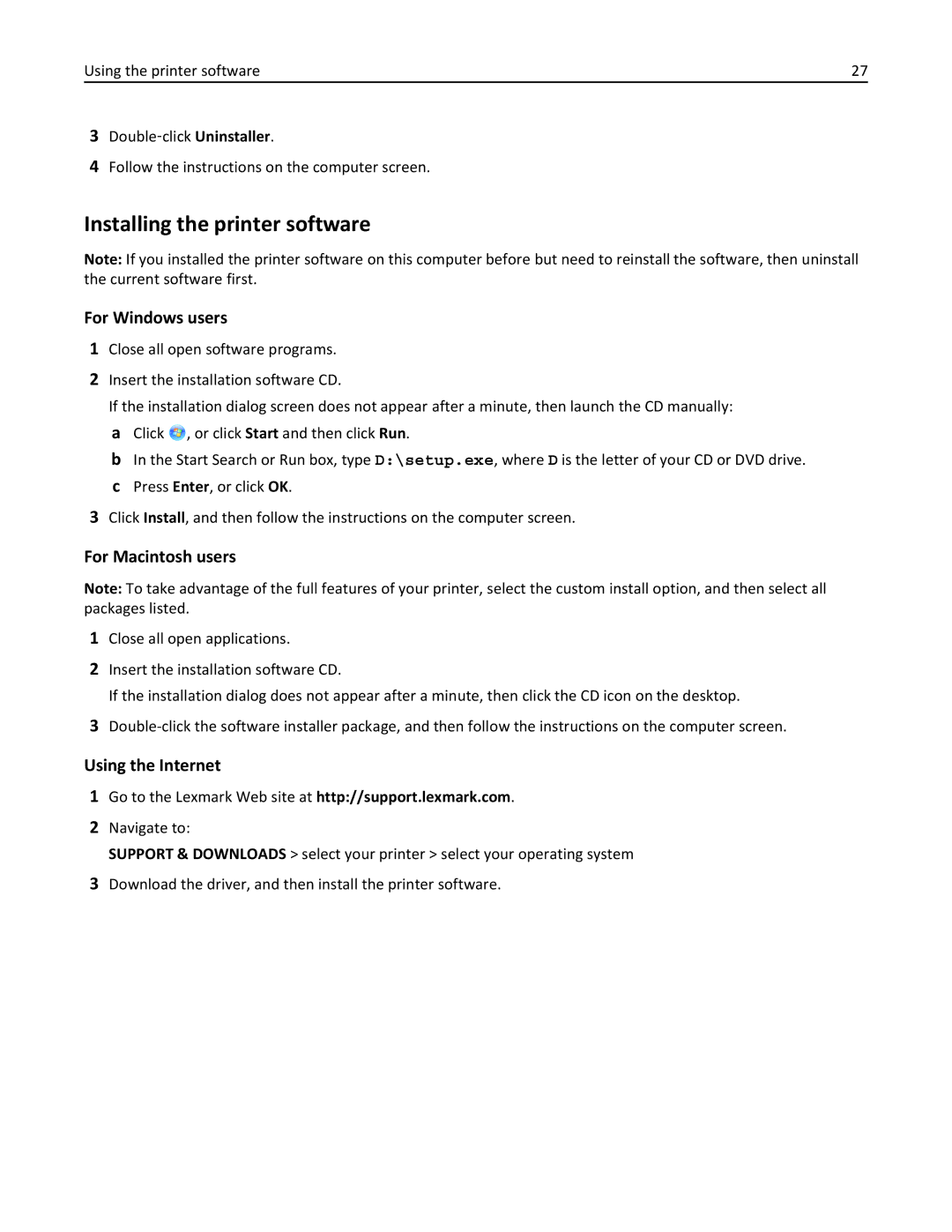 Lexmark 40E, S410 manual Installing the printer software, Using the Internet 