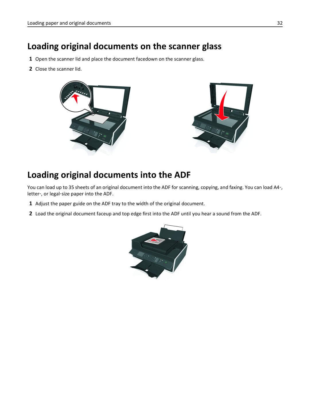 Lexmark S410, 40E manual Loading original documents on the scanner glass, Loading original documents into the ADF 