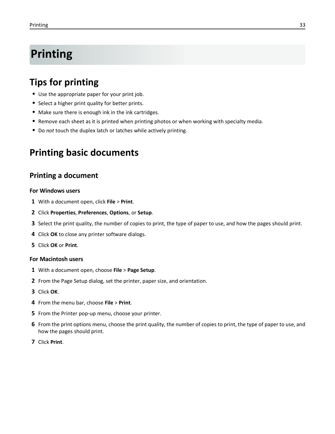 Lexmark 40E, S410 manual Tips for printing, Printing basic documents, Printing a document 