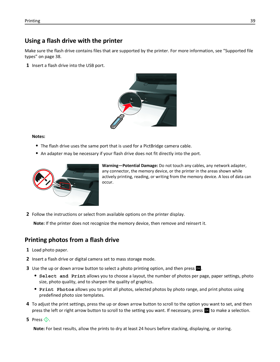 Lexmark 40E, S410 manual Using a flash drive with the printer, Printing photos from a flash drive 