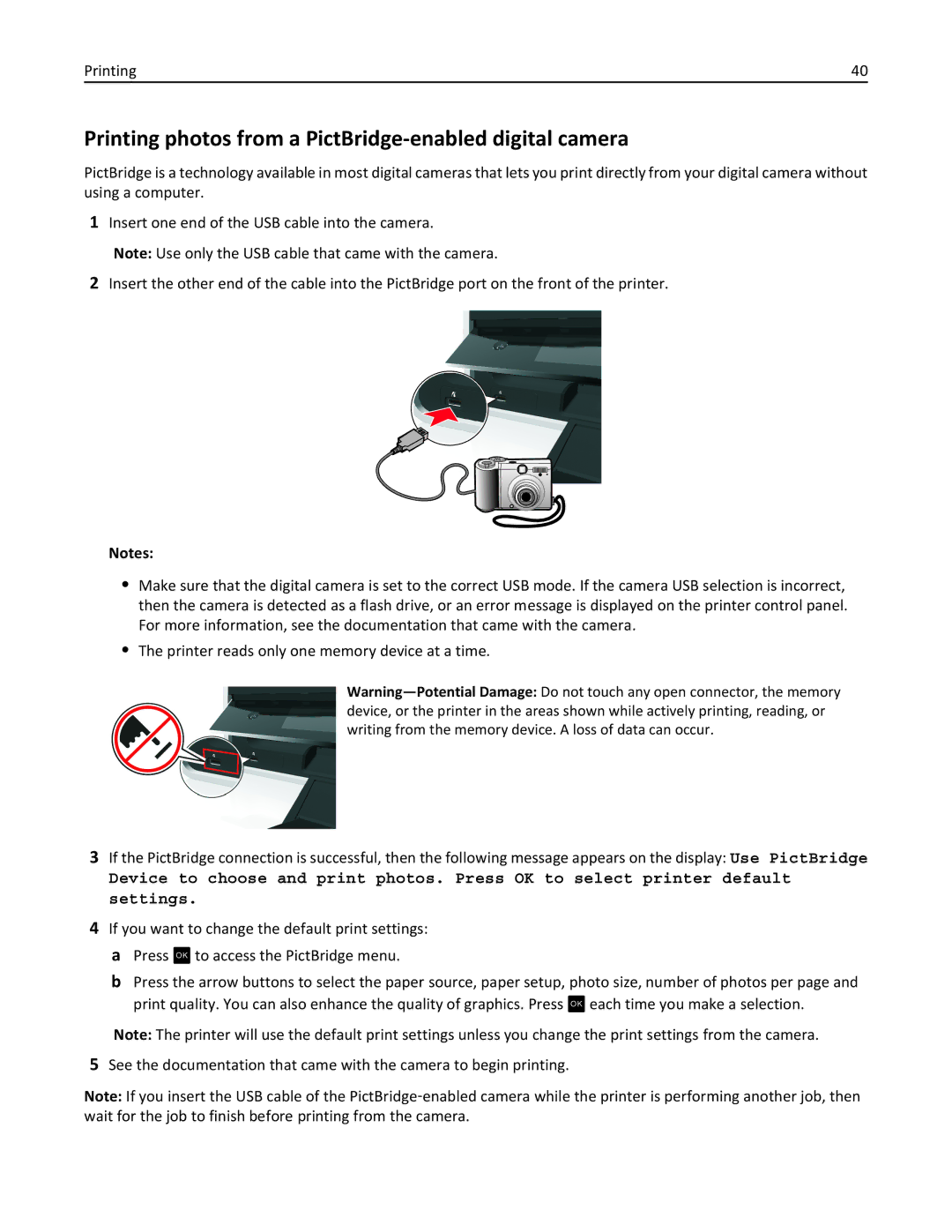 Lexmark S410, 40E manual Printing photos from a PictBridge-enabled digital camera 