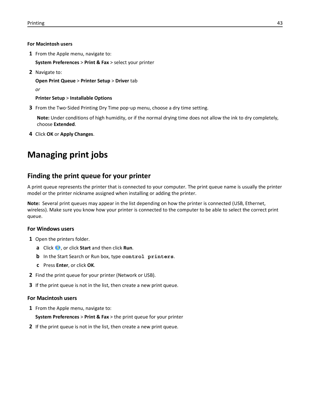 Lexmark 40E Managing print jobs, Finding the print queue for your printer, For Macintosh users, Click OK or Apply Changes 