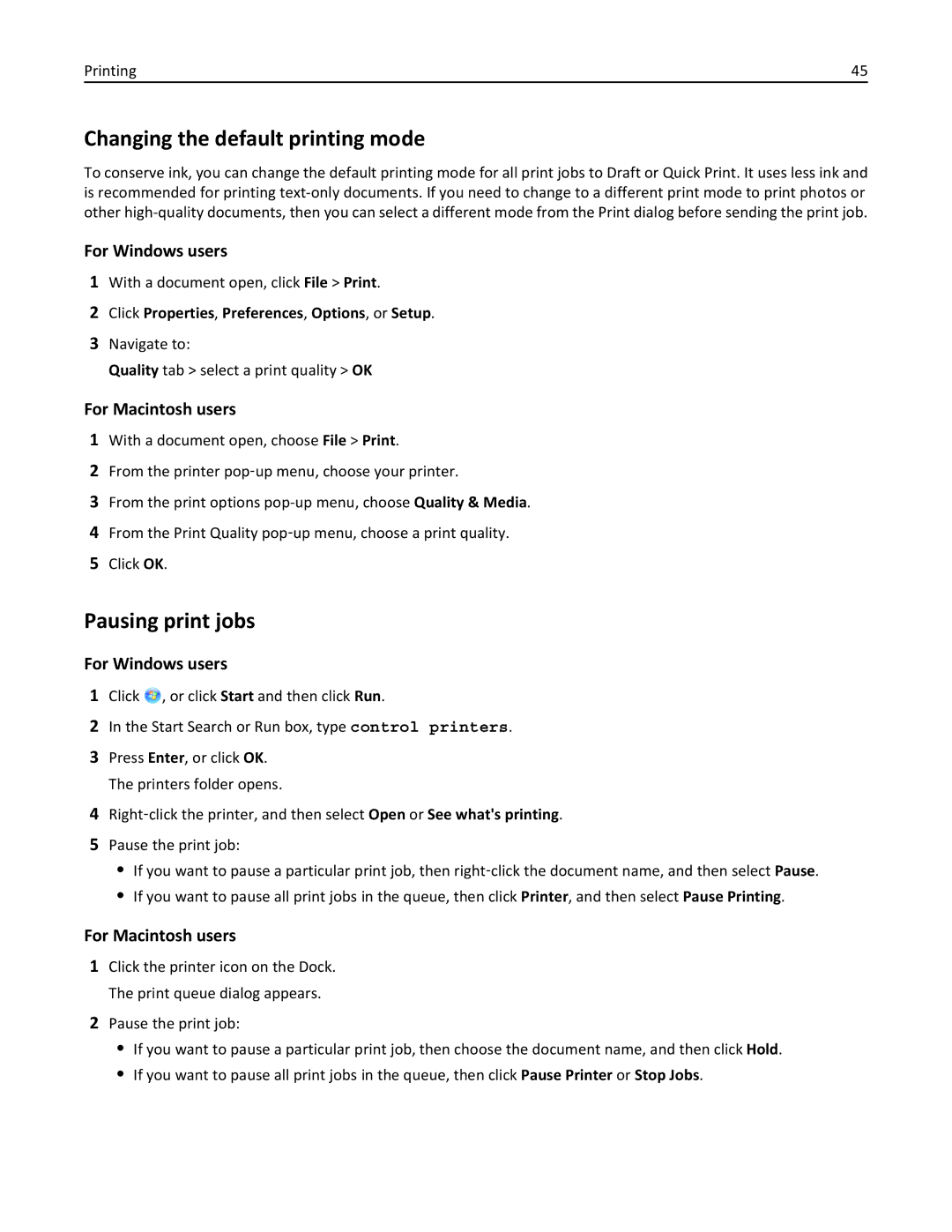 Lexmark 40E, S410 manual Changing the default printing mode, Pausing print jobs 