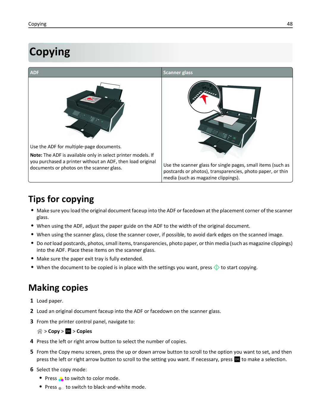 Lexmark S410, 40E manual Copying, Tips for copying, Making copies, Scanner glass 