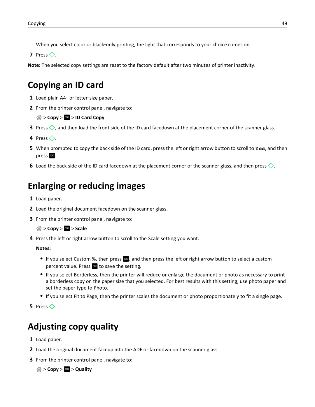 Lexmark 40E, S410 Copying an ID card, Enlarging or reducing images, Adjusting copy quality, Copy OK Scale, Copy OK Quality 