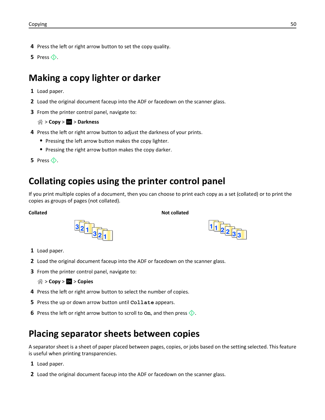 Lexmark S410, 40E manual Making a copy lighter or darker, Collating copies using the printer control panel, Copy OK Darkness 