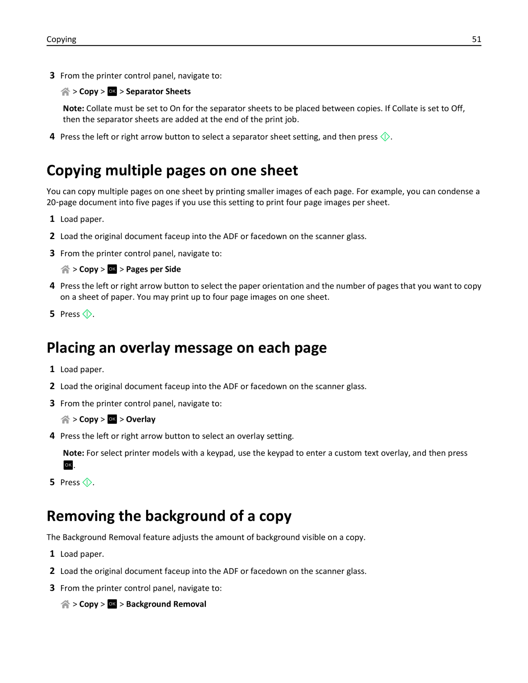 Lexmark 40E Copying multiple pages on one sheet, Placing an overlay message on each, Removing the background of a copy 