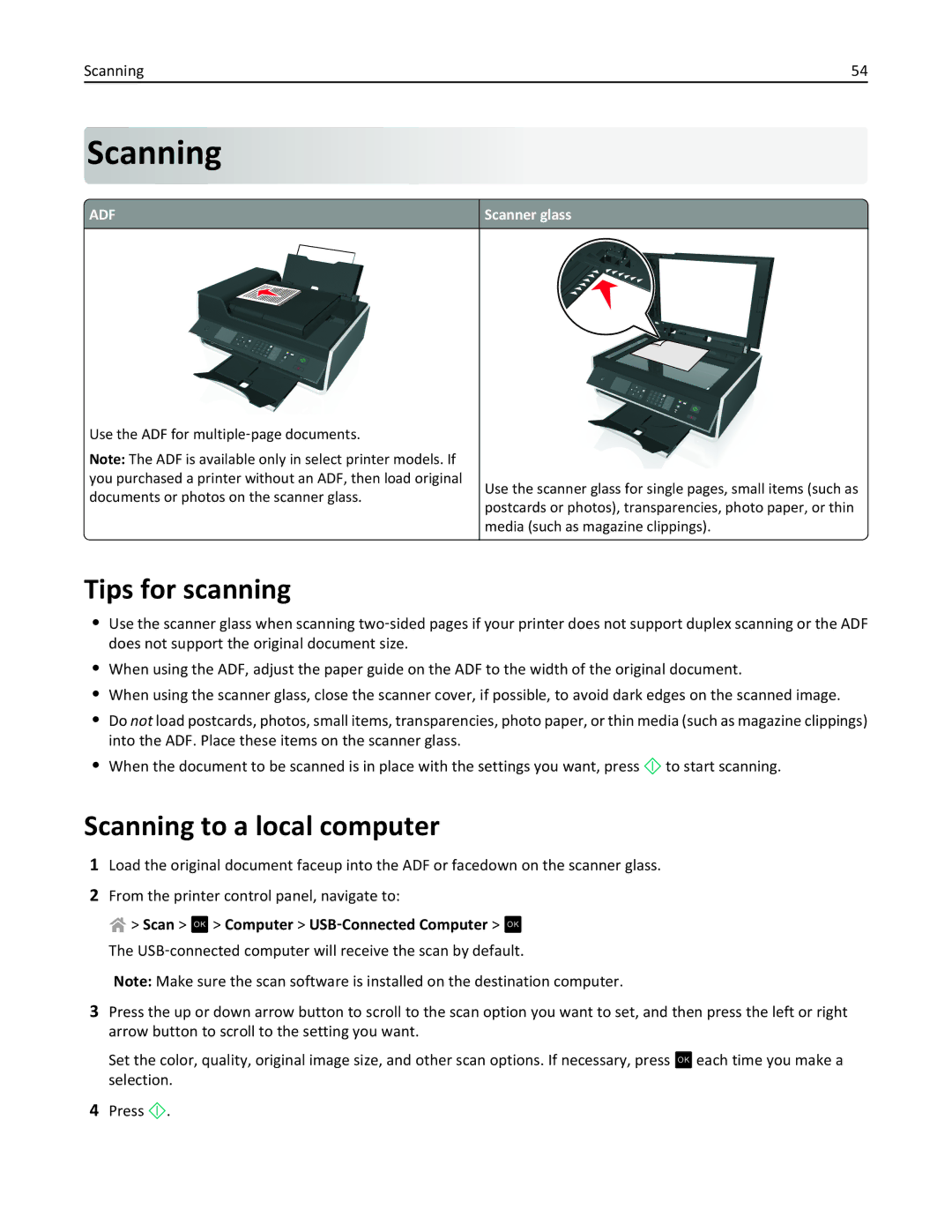 Lexmark S410, 40E manual Tips for scanning, Scanning to a local computer, Scan OK Computer USB‑Connected Computer OK 