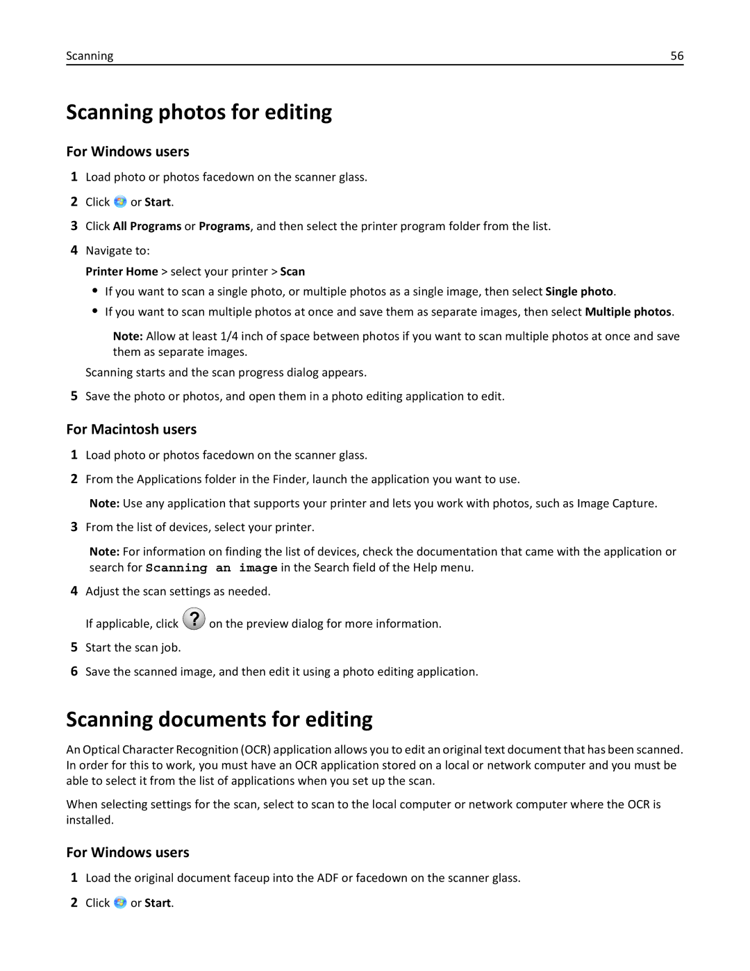 Lexmark S410, 40E manual Scanning photos for editing, Scanning documents for editing 