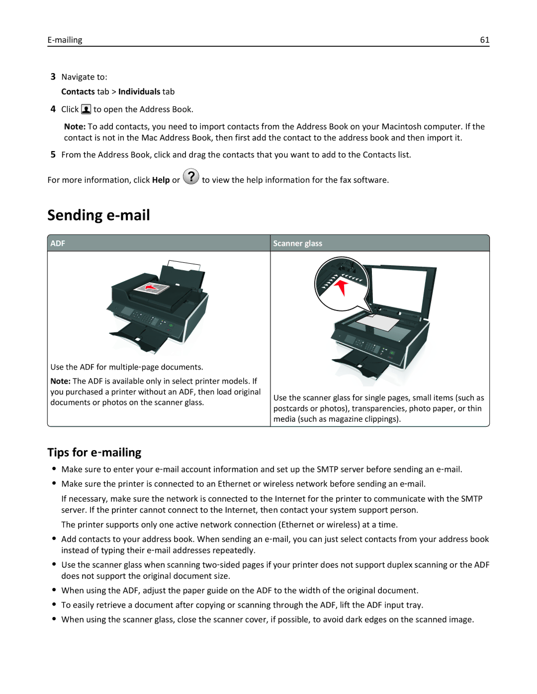 Lexmark 40E, S410 manual Sending e-mail, Tips for e‑mailing, Contacts tab Individuals tab 